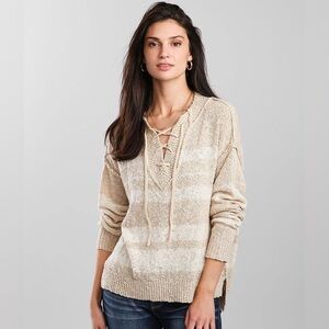 BKE Women’s Cream Striped Lace-Up V-Neck Knit Sweater - Size Small